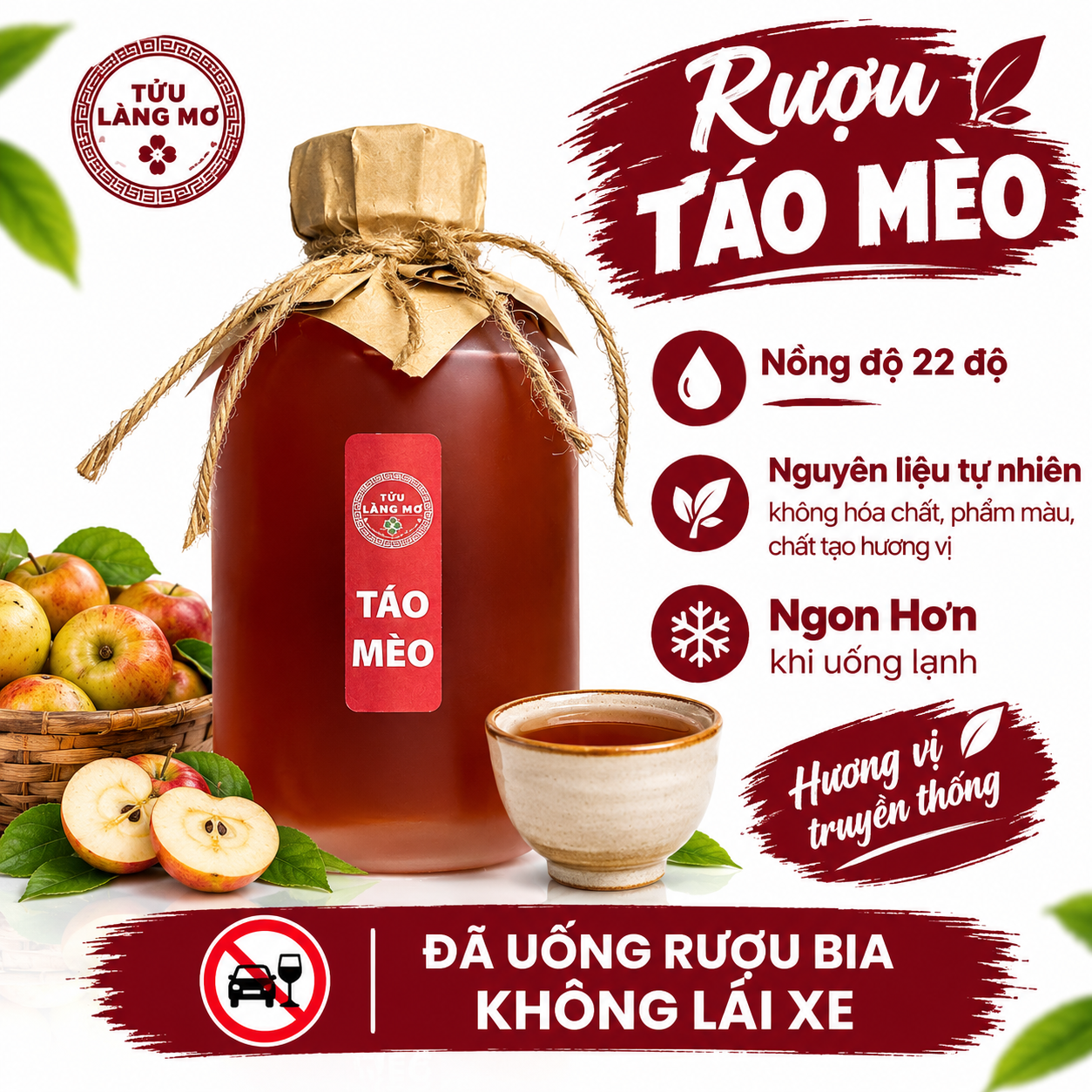 [Rượu Táo Mèo Chai 500ML] Tửu Làng Mơ - Không Phẩm Màu - Không Hương Liệu - Nồng Độ 22%