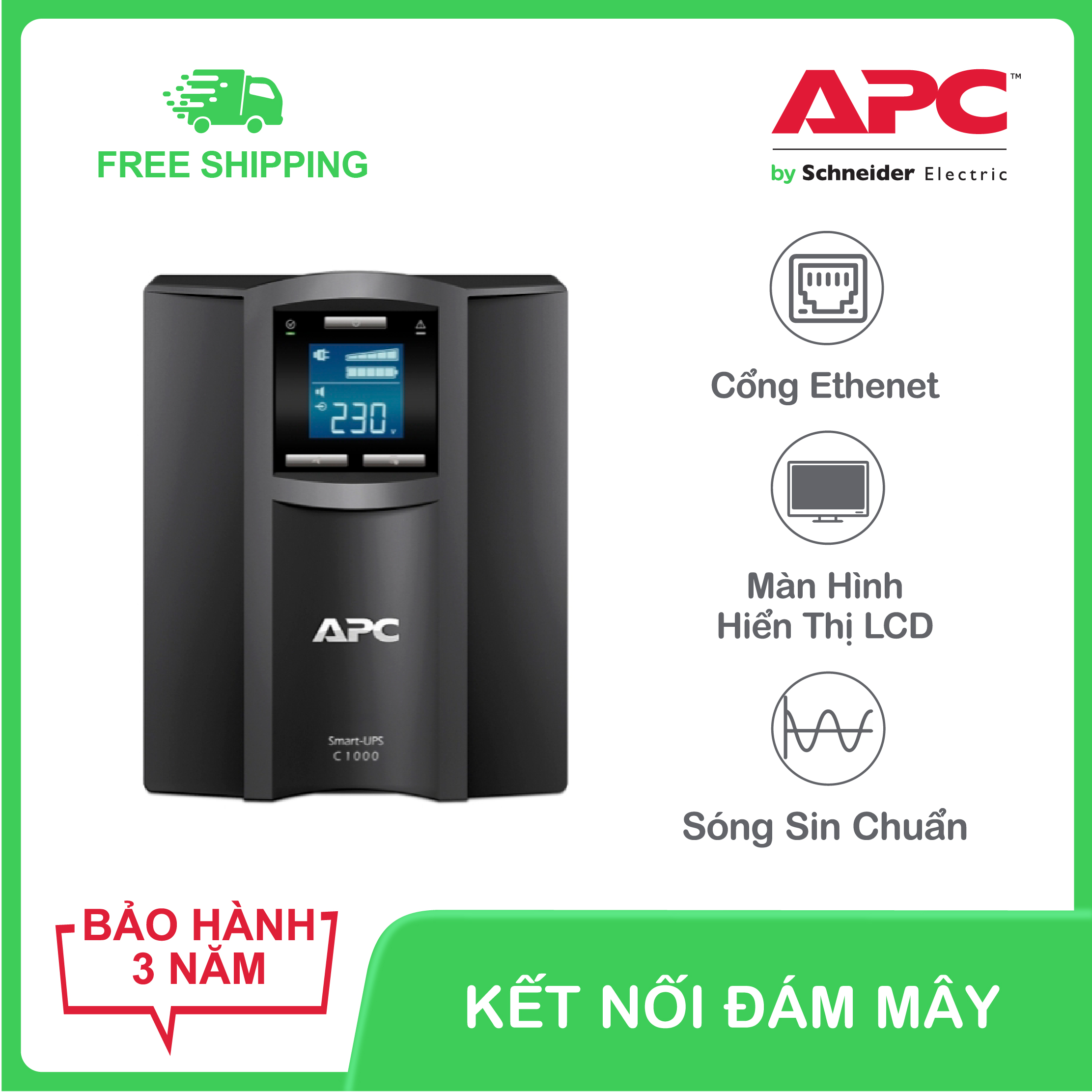 Bộ lưu điện thông minh apc by schneider electric smart-ups c 1000va lcd 230v smc1000ic