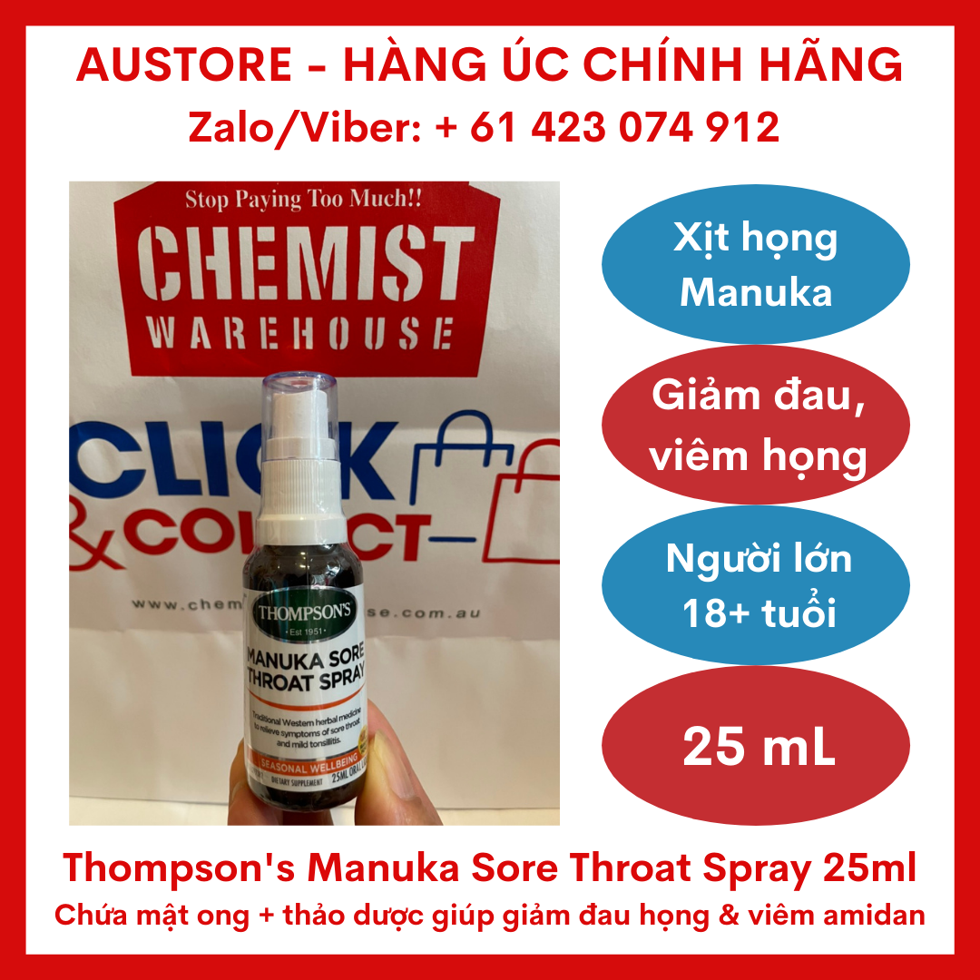 [Bill Úc] Thompson's Manuka Sore Throat Spray 25ml - Xịt họng Thompson chứa thảo dược & mật ong Manuka giúp giảm đau họng & viêm amidan