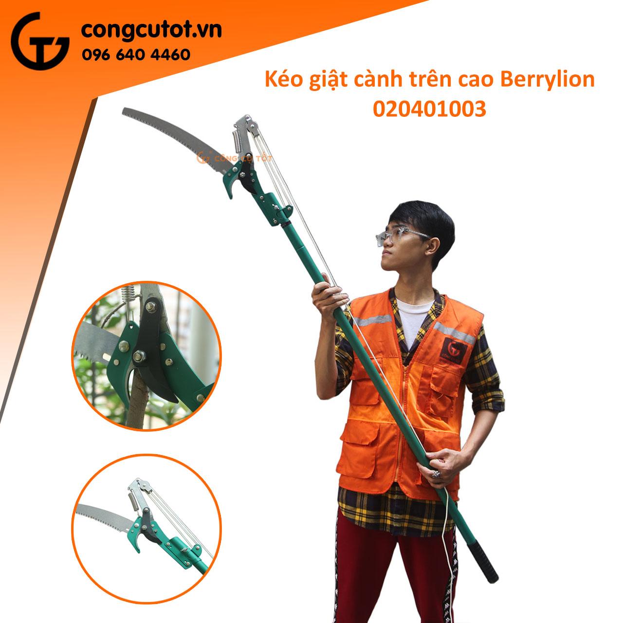 Kéo cắt cành trên cao Berrylion 020401003 cán dài 2.6m, 2 chức năng trong 1, kéo giật cành trên cao, cưa cắt cành trên cao