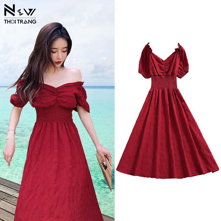 Đầm voan cổ tim xếp ly eo co giãn - new thoi trang