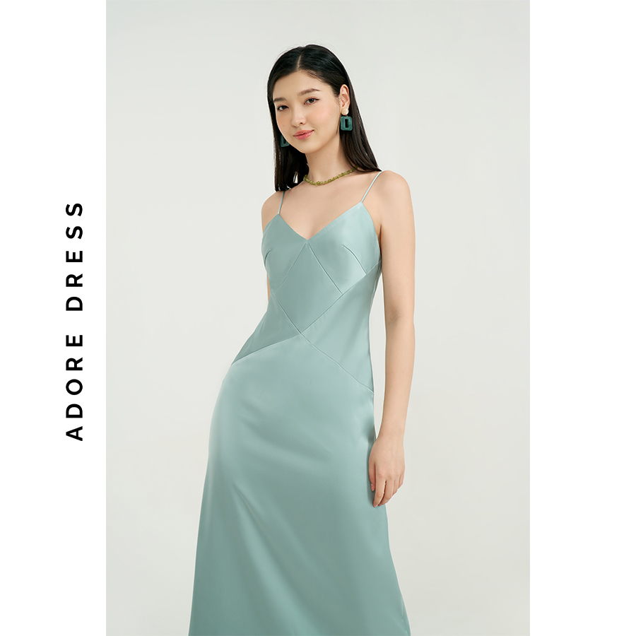 Sleeveless dresses satin xanh thiên thanh cắt xếp 313DR6003 ADOREDRESS