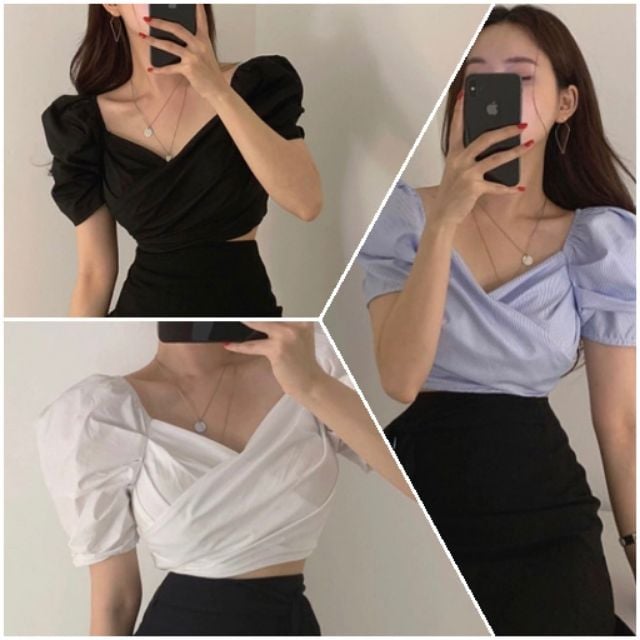 Áo croptop tay phồng đắp chéo có 3 màu