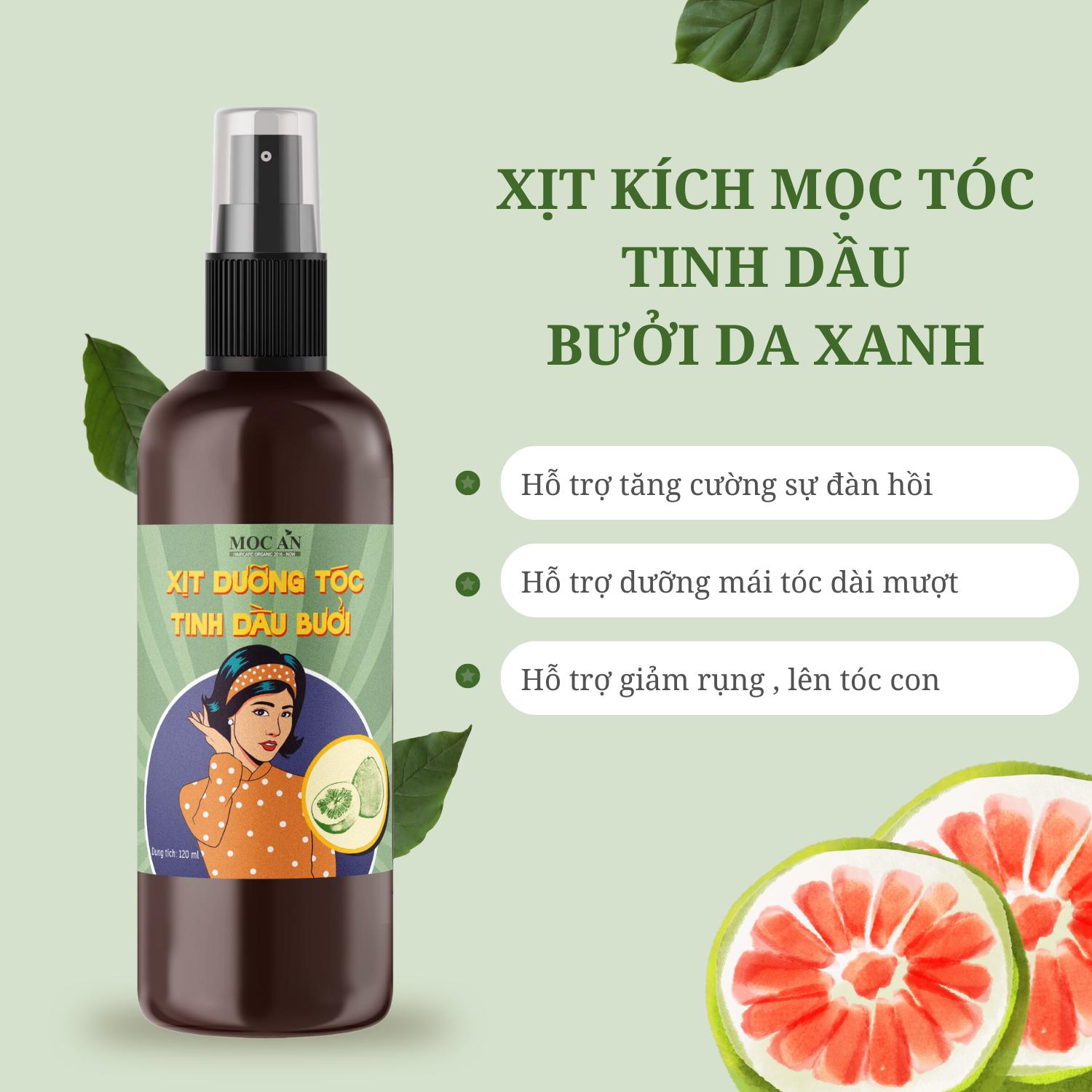 CHAI XỊT TINH DẦU VỎ BƯỞI DA XANH - XỊT MỌC TÓC MỘC ÂN HAIR CARE KÍCH MỌC TÓC CON, HỖ TRỢ GÃY RỤNG, GIÚP DA ĐẦU CHẮC KHỎE - XỊT DƯỠNG MỌC TÓC TINH DẦU BƯỞI CAO CẤP