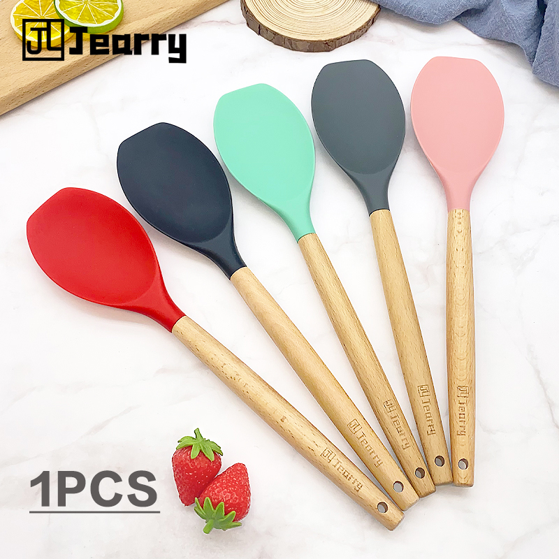 Jearry Thìa Thìa Gỗ Đặc Bộ Dụng Cụ Nấu Ăn Silicon Cấp Thực Phẩm, Đồ Dùng Nhà Bếp Đặc Biệt Cho Chảo Chống Dính Đồ Dùng Nhà Bếp Chịu Nhiệt Độ Cao 230 ° C Dụng Cụ Làm Bánh