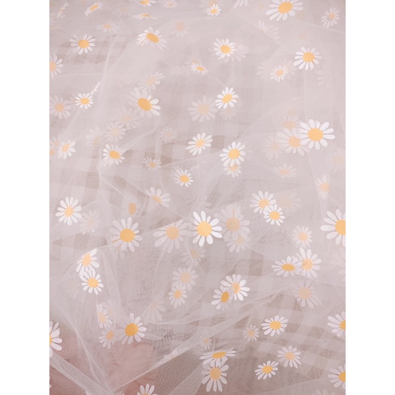 Vải voan lưới hoa cúc hoạ mi nguyên liệu cột tóc scrunchies, làm rèm, vải trang trí