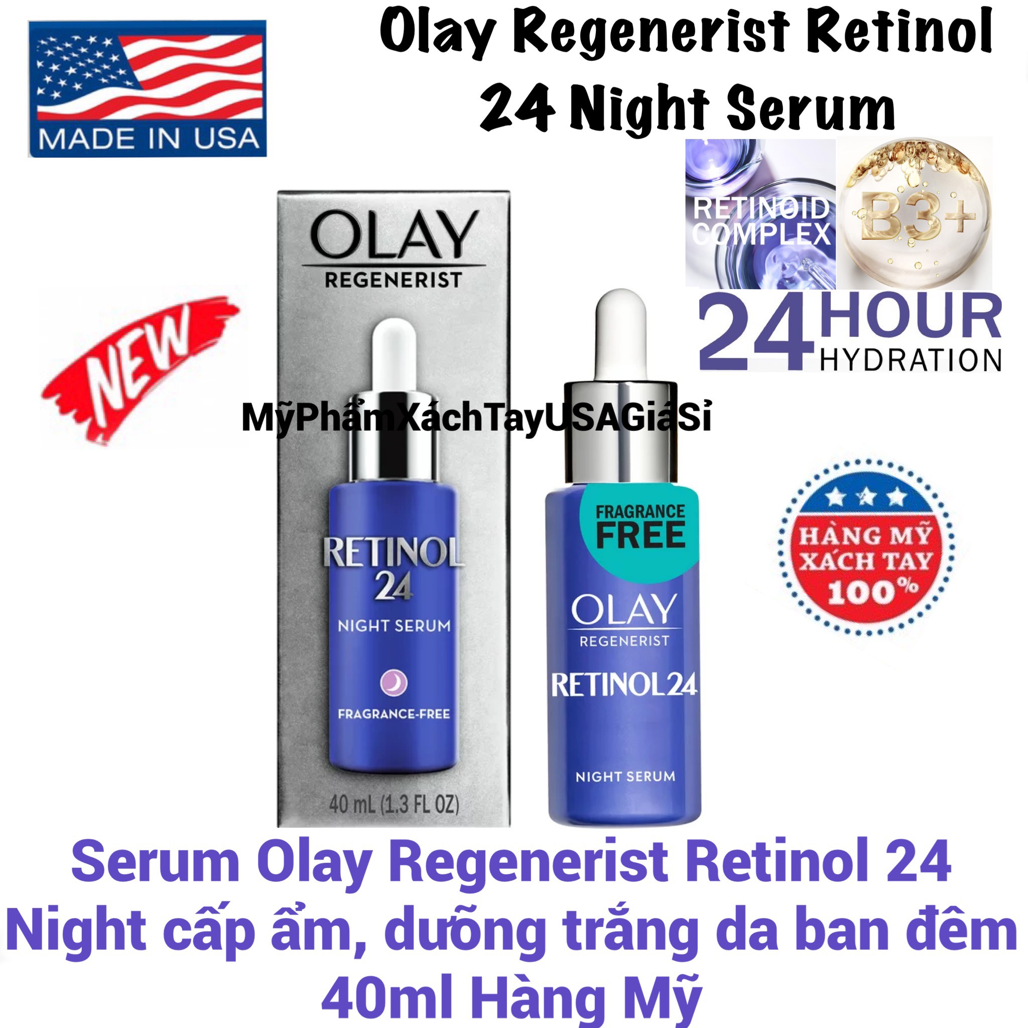 Serum Olay Retinol 24 dưỡng trắng da cấp ẩm ban đêm 40ml Hàng USA