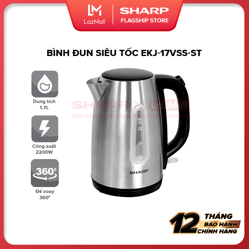 Bình Đun Siêu Tốc Sharp EKJ-17VSS-ST [Công Suất Lớn 1850-2200W Thang Đo Mực Nước Dạng Cửa Sổ 2 Bên Tự Động Tắt Khi Hết Nước] - Bảo Hành Chính Hãng 12 tháng