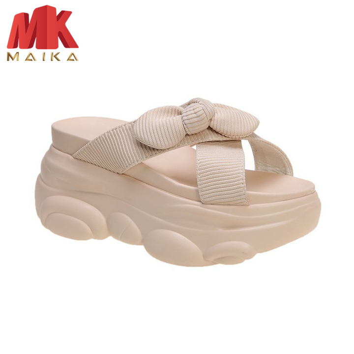 Dép đế xuồng nữ MK MAIKA S151 Kem cao 8cm, cao gót, gót mềm, chóng trơn trượt, quai thắt nơ xinh xắn phù hợp đi biển, đi chơi, xu hướng thời trang mới, hiện đại