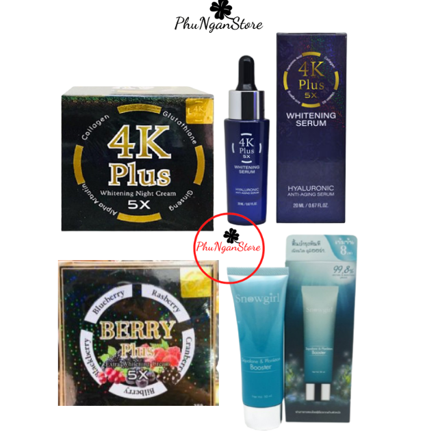 Combo dưỡng da Kem 4k plus, Berry Plus, Serum 4k và Serum vi tảo Snowgirl Thái Lan