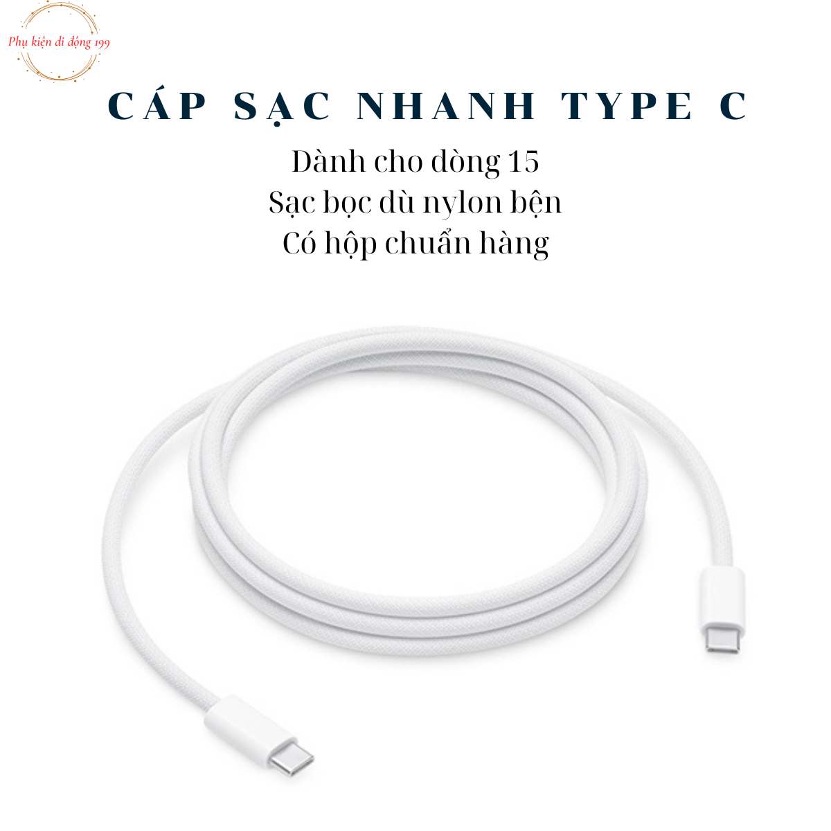 Cáp sạc 15 nylon bện Type C to Type C dành cho 15, cáp sạc 2 đầu type C bọc dù, hỗ trợ sạc nhanh