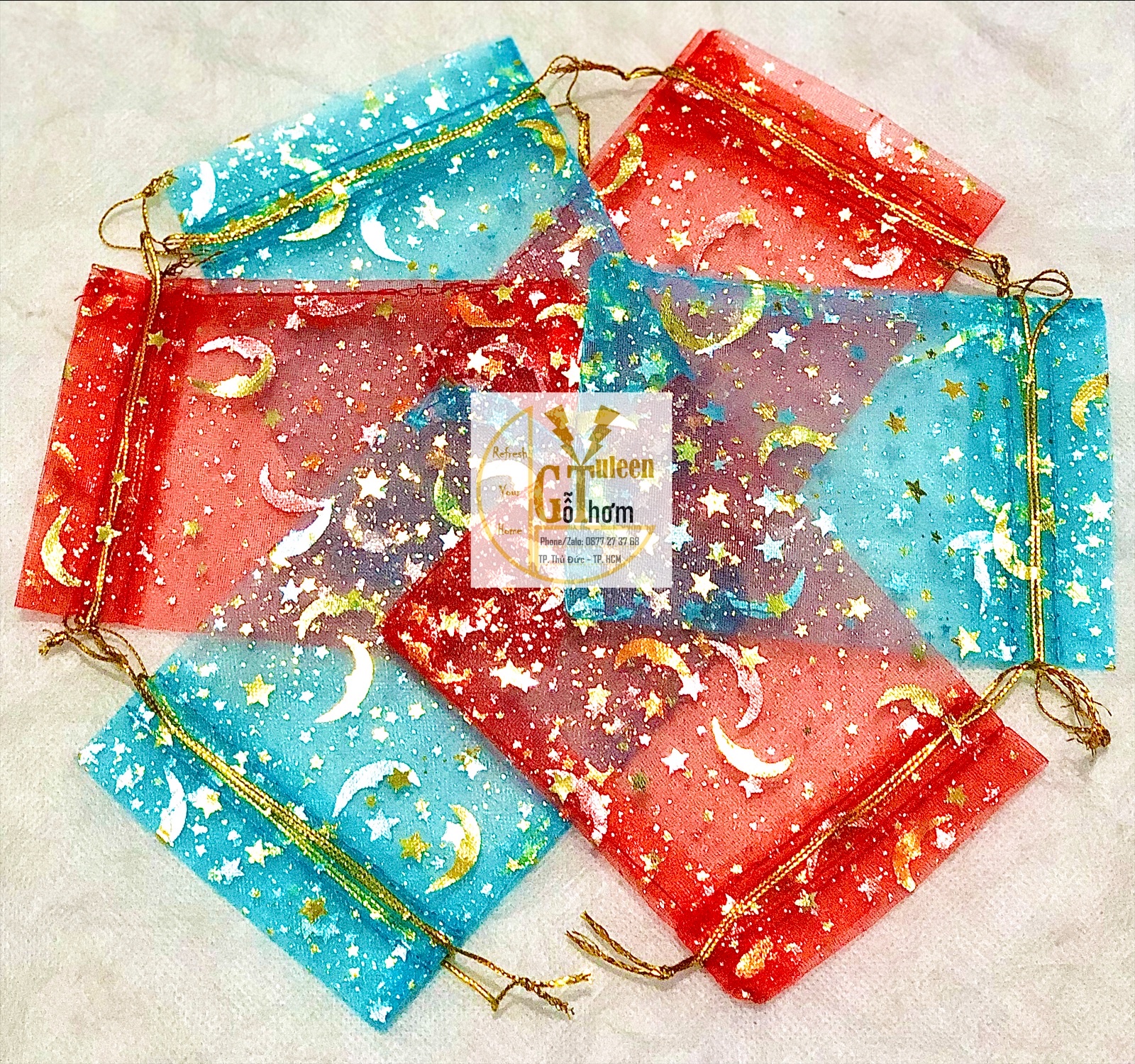 Sỉ & Lẻ Combo 20 Túi voan mỏng vỏ túi thơm 12x9cm họa tiết trăng sao có dây rút đựng mùn gỗ thơm đựng kẹo trang sức làm quà tặng. Gỗ thơm Yuleen