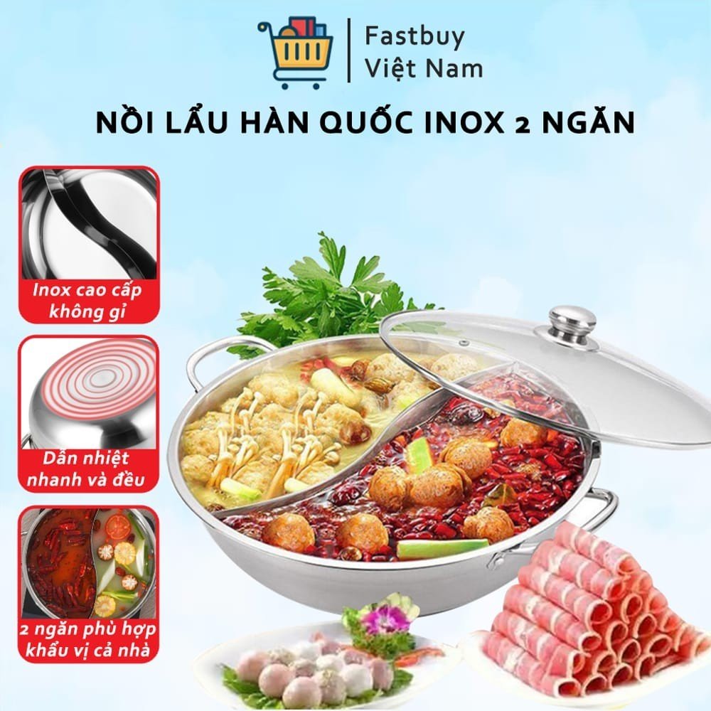Nồi lẩu hot pot 2 ngăn inox-nồi lẩu size lớn 30cm, nồi lẩu 2 ngăn dầy dặn nấu được bếp từ cao cấp