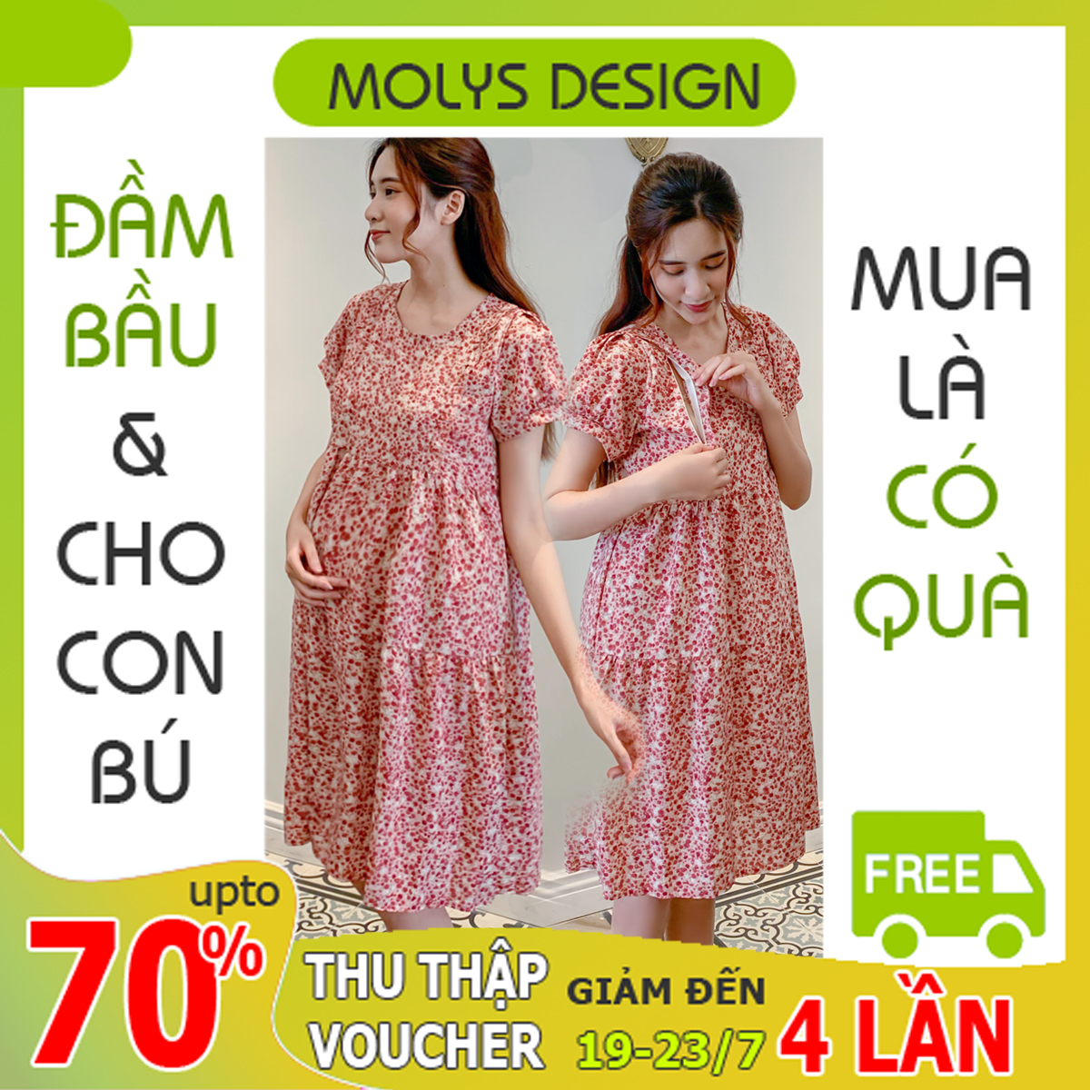 Đầm bầu dễ thương kết hợp cho con bú sau sinh dáng babydoll ba tầng hoa nhí bèo ngực MOLYS VM6644 cúc điều chỉnh mặc hết thai kỳ