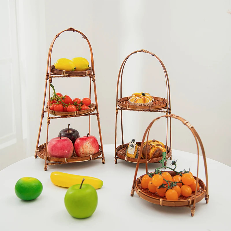 1/2/3 Tier lưu trữ khay tre dệt giỏ handmade trái cây bánh mì Snack tấm nhà bếp phòng ăn Bàn dã ngoại giỏ tổ chức