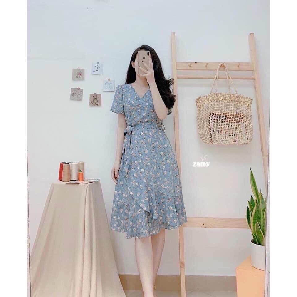 [ Voucher 50k Freeship Max 0 đồng toàn quốc ]ĐẦM TIỂU THƯ HOA NHÍ MÀU XANH ĐẮP CHÉO, CHẤT VOAN MỀM MẠI, CỘT DÂY NƠ EO TÔN DÁNG