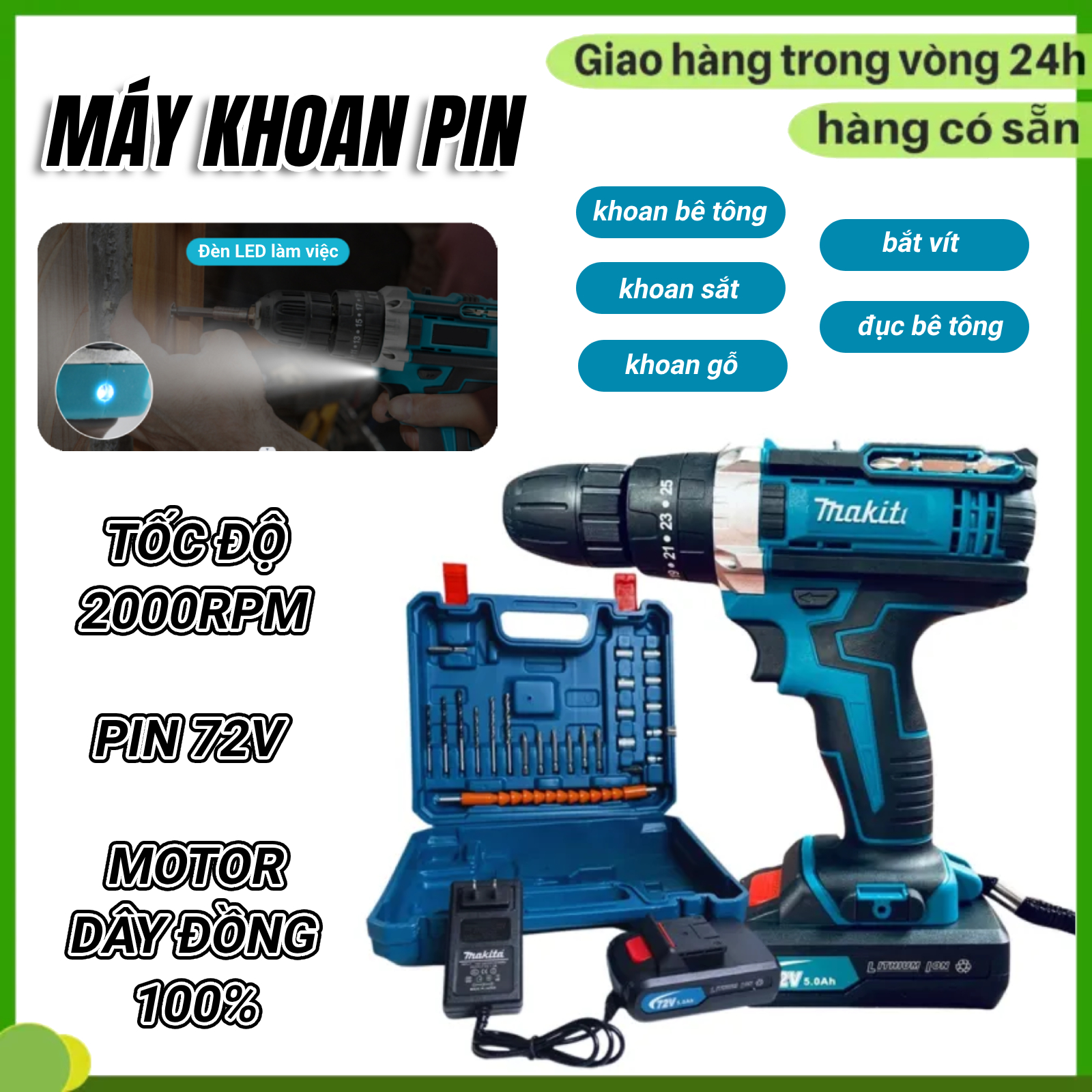 Máy khoan pin 72V 18000mAh, Máy khoan cầm tay, Máy khoan bê tông 3 chức năng, Tặng kèm 24 chi tiết gồm các mũi khoan + Mũi bắt vít
