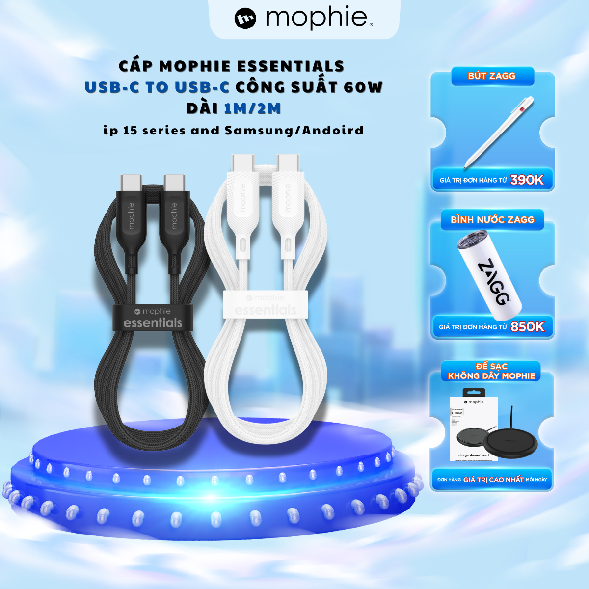 Dây cáp mophie essentials usb-c to usb-c 60w 1m/2m dành cho iphone/ipad/android - hàng chính hãng
