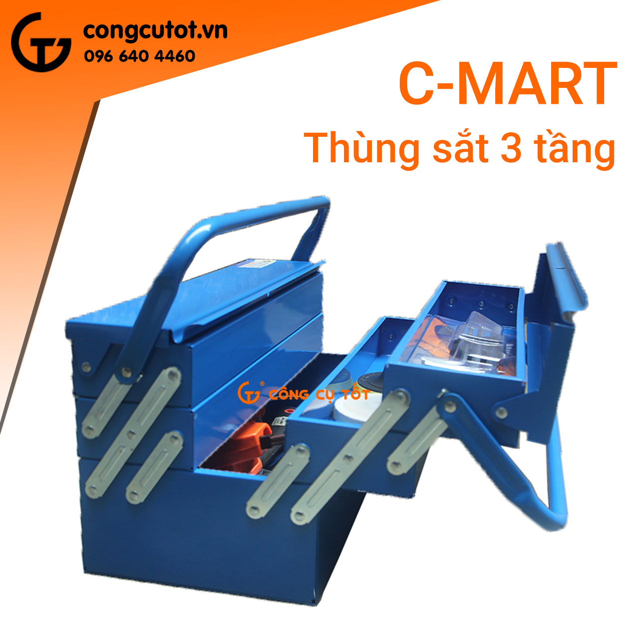 Thùng đồ nghề 3 tầng C-mart L0043-18 465 x 200 x 195mm, Thùng được làm bằng thép dày, có độ bền cao, Kích thước lớn chứa được nhiều dụng cụ ,đồ nghề, được sơn xanh,chống gỉ sét