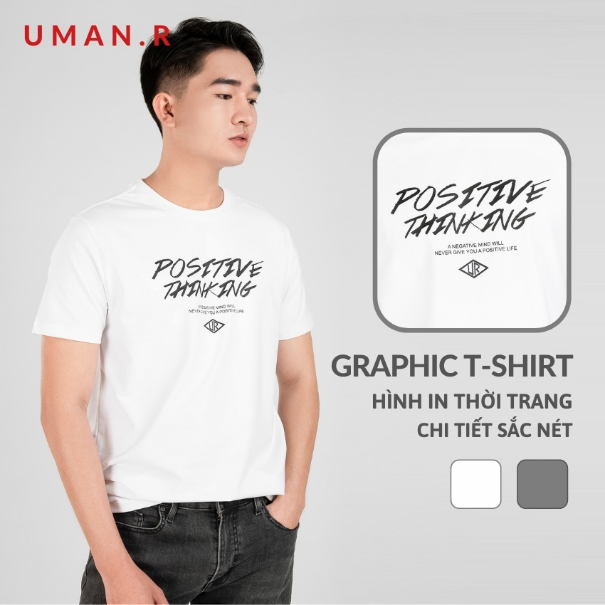 Áo thun nam tay ngắn cổ tròn in hình họa tiết chữ IL04 UMAN.R vải Cotton cao cấp, co giãn 4 chiều, form regular thoải mái (Trắng Xám)