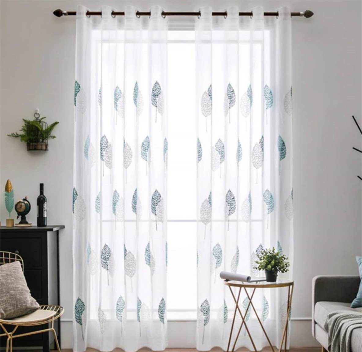 Rèm Cửa, Màn Cửa Vải Voan, Rèm Spa Trang Trí Decor Rèm voan thêu lá đôi màu xanh Nhiều Kích Thước