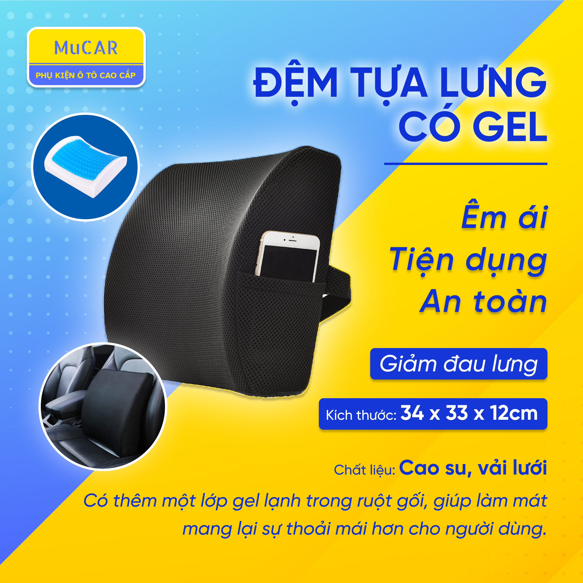 [HCM]Đệm tựa lưng gel cao su non có đai cài