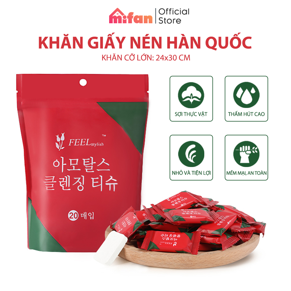  Khăn Giấy Nén Hàn Quốc Cao Cấp MIFAN - Gói 20 Viên - Khăn 24x30cm - Loại Dày 2 Lớp - Mang Đi Du Lịch Công Tác Tiện Lợi 