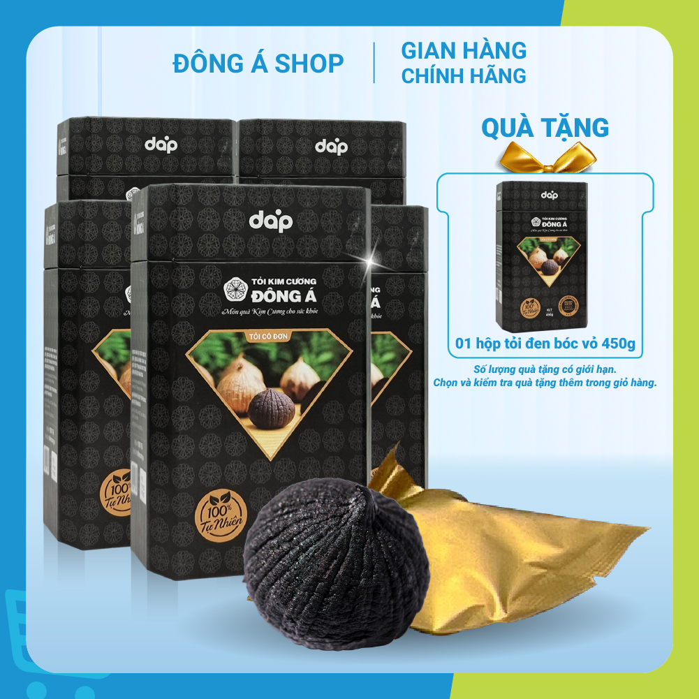 Tỏi Kim Cương Đông Á - Tỏi đen cô đơn bóc vỏ - Combo 5 hộp 450g tặng 1 hộp cùng loại - Hỗ trợ tăng cường đề kháng, giảm mỡ máu, ổn định huyết áp, bảo vệ tim mạch, tốt cho hệ tiêu hóa