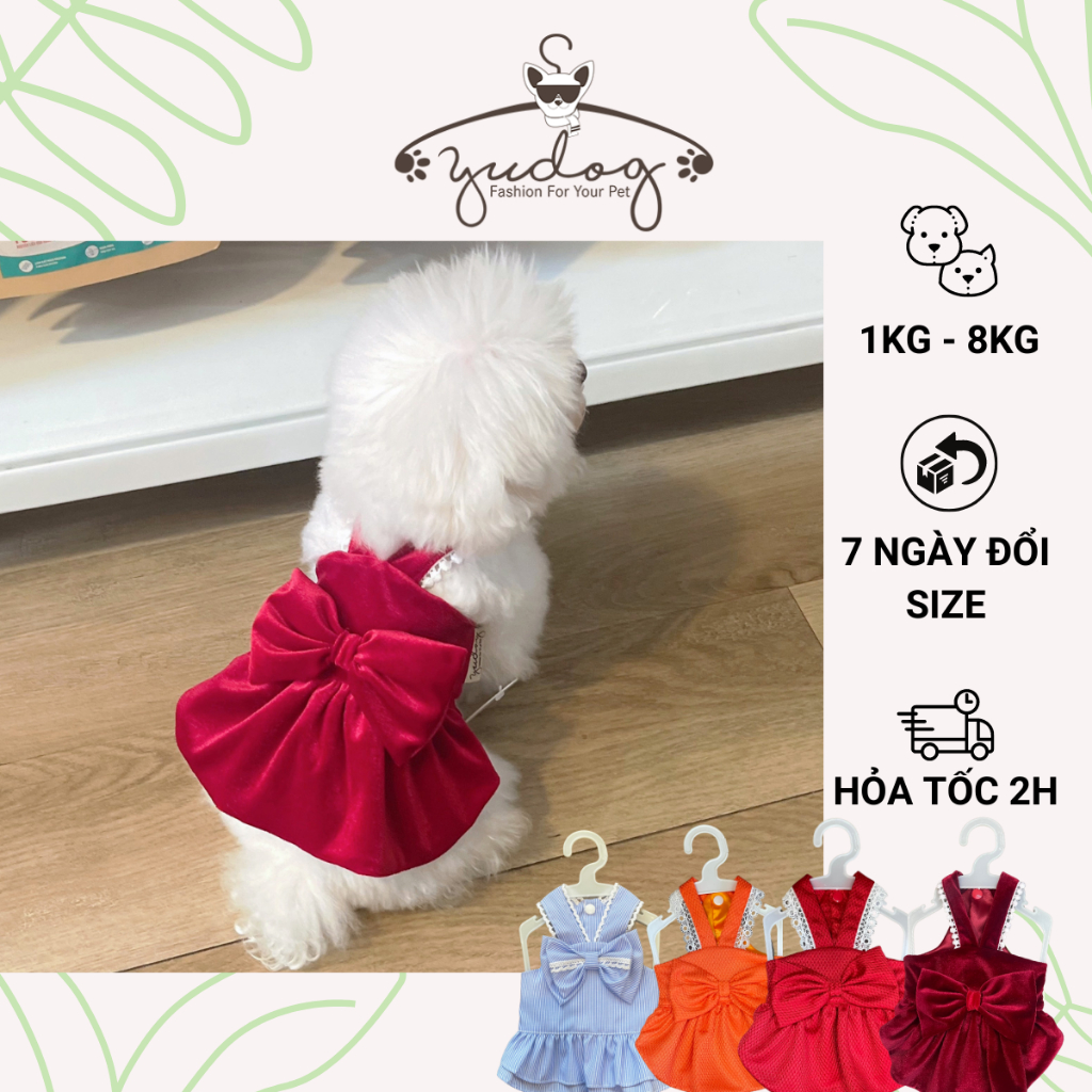Đầm mặc cho chó mèo yudog - Đầm nhung 2 dây cho chó mèo thú cưng