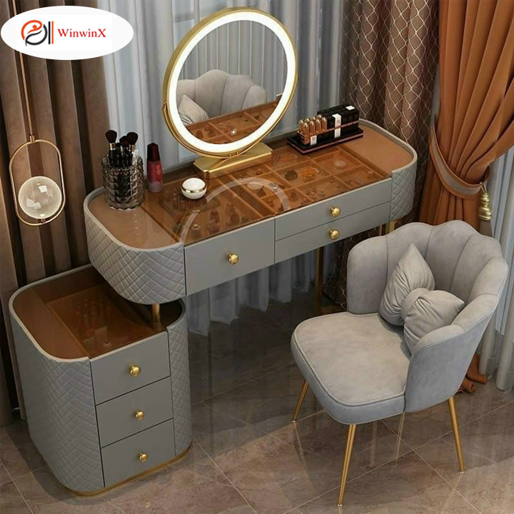 Bàn trang điểm kèm gương phong cách Bắc Âu, Bộ bàn phấn trang điểm 2 mặt kính họa tiết kim cương cao cấp, Bàn trang điểm thiết kế hiện đại, đèn LED cảm ứng, ghế nơ mỹ nghệ