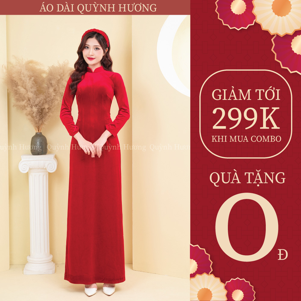Áo dài nhung đỏ tươi cổ truyền thống tay dài