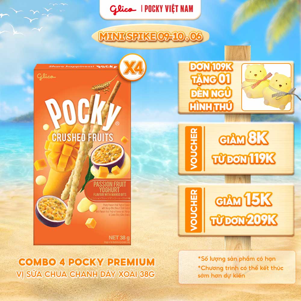 Combo 4 Hộp Bánh Que Pocky Trái Cây Nghiền Vị Sữa Chua Chanh Dây-Xoài 38G/Hộp