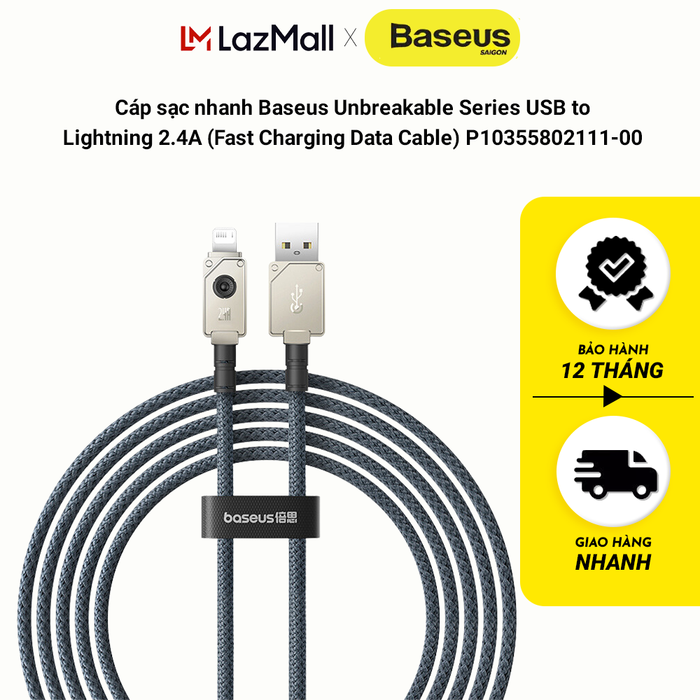 Cáp sạc nhanh baseus unbreakable series usb to lightning 2.4a p10355802111-00
