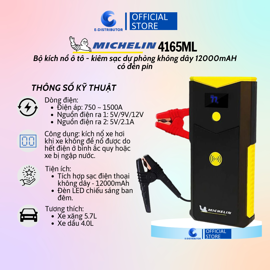 Bộ kích bình ô tô 750a - 1500a chuyên dụng kiêm sạc dự phòng 12000 mah có đèn pin michelin 4165ml - hàng chính hãng