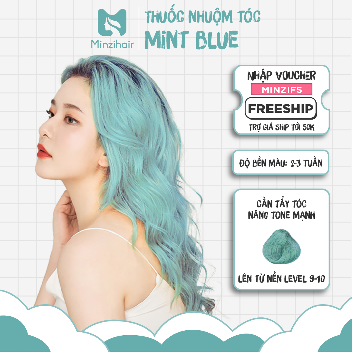 Thuốc Nhuộm Tóc Mint Blue (Xanh Mint) - Kèm Tẩy Tóc - Minzihair HN