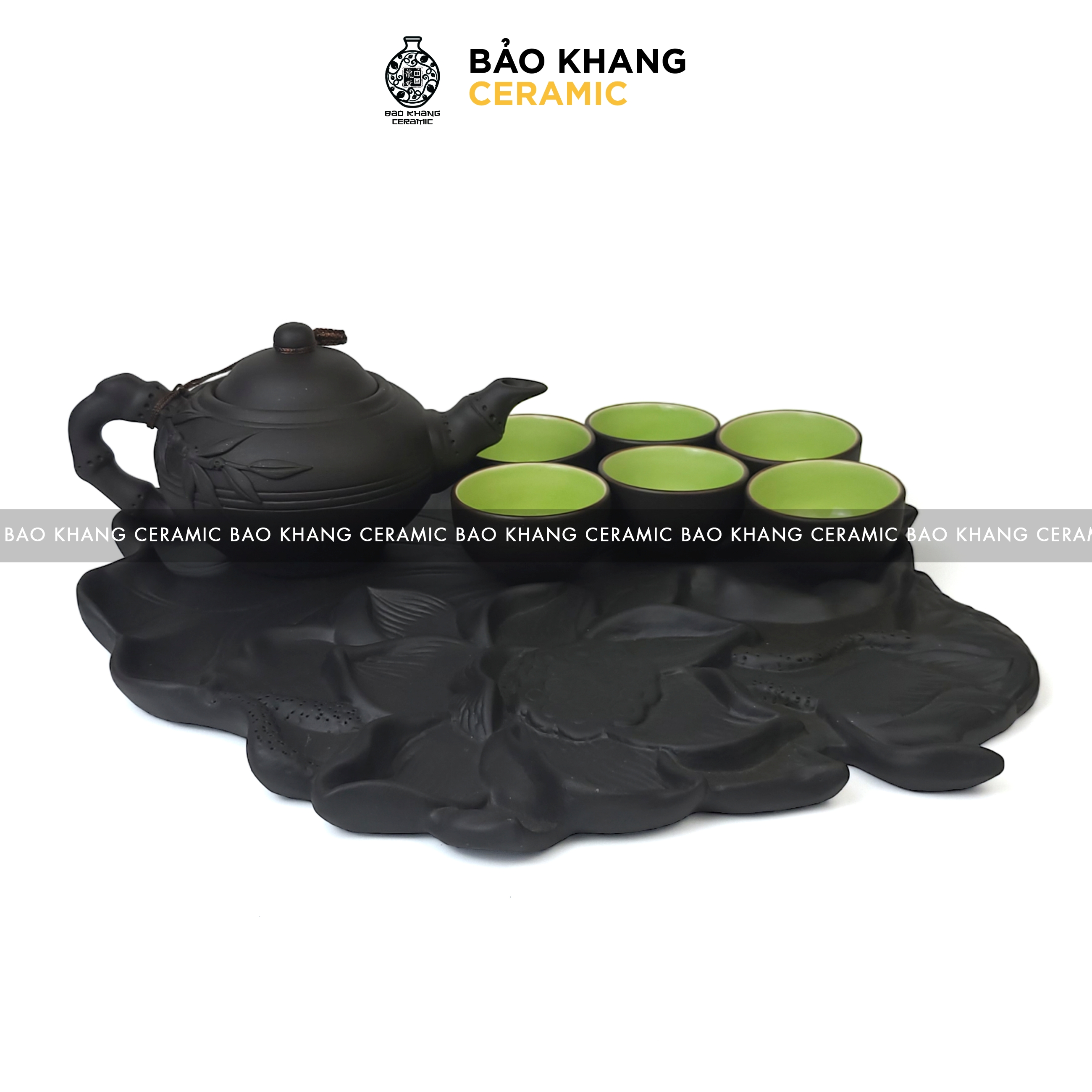 Bộ ấn chén tử sa nhỡ đắp trúc bộ ấm chén uống trà Bát Tràng Bộ ấm pha trà gốm sứ Bát Tràng Bảo Khang