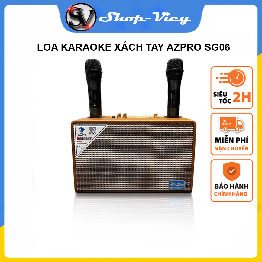 Loa Bluetooth Karaoke AZPRO SG06 Kèm 2 Micro Không Dây, Loa Karaoke Mini Hỗ Trợ Bluetooth 5.0 Chất Liệu Thùng Gỗ Bọc Da Bass 15Cm Công Suất Lớn Pin Trâu Nhỏ Gọn Âm Thanh Trầm Ấm Bass Căng Bảo Hành 12 Tháng