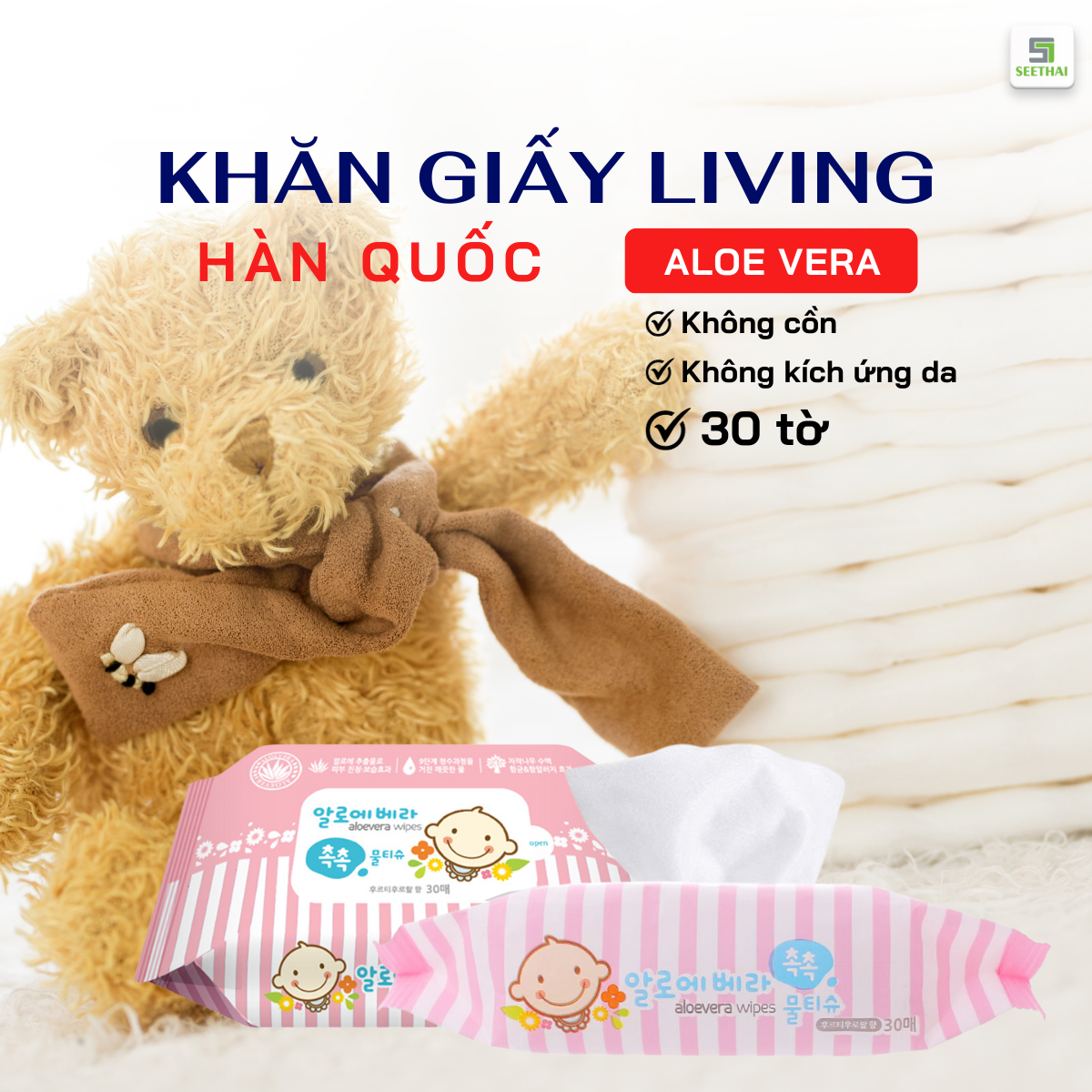 Khăn giấy ướt living hàn quốc aloe vera 30 tờ không cồn