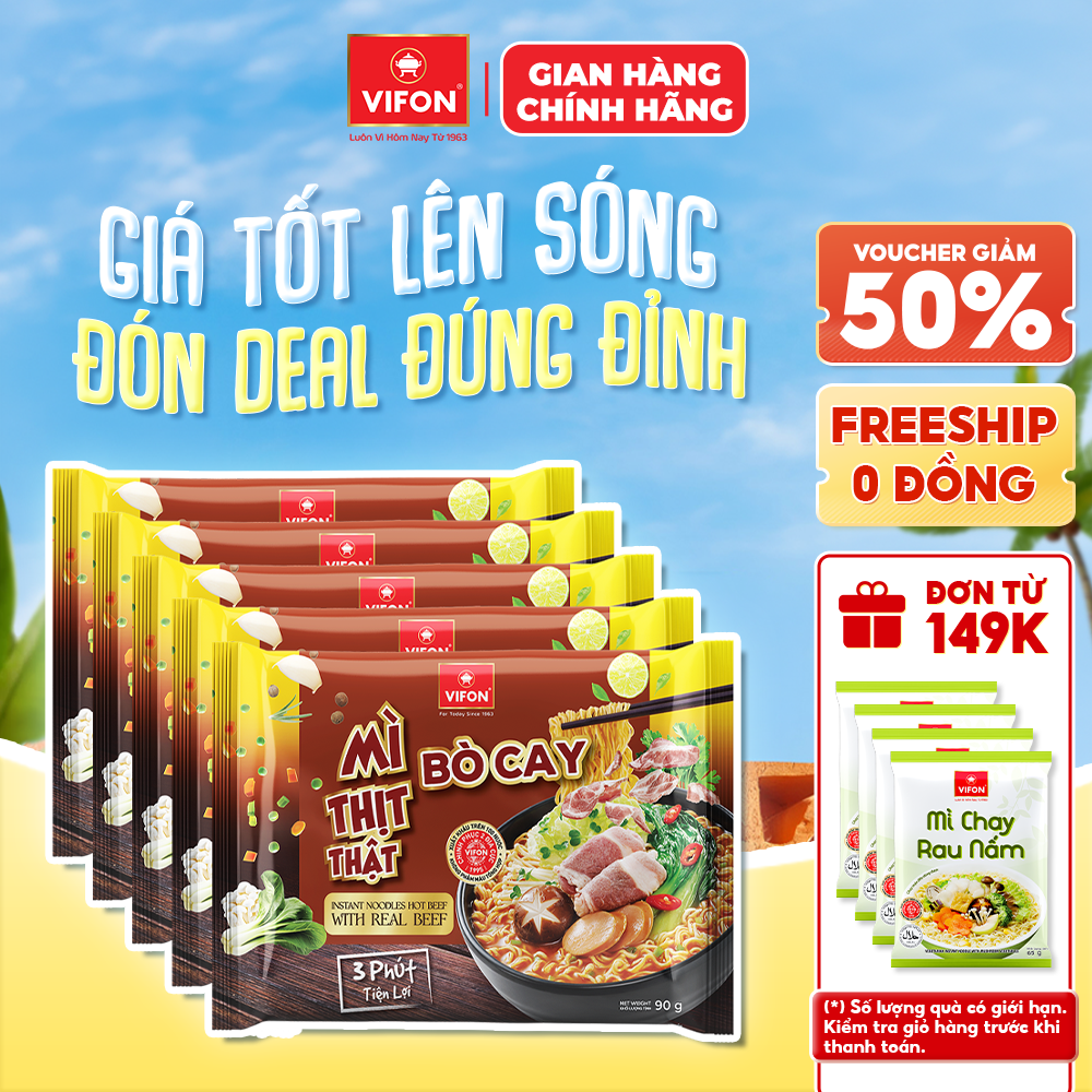 [Voucher 28% đơn từ 400K] Set 5 Gói Mì Thịt Thật Bò Cay/ Thịt Bằm/ Riêu Cua VIFON 90g