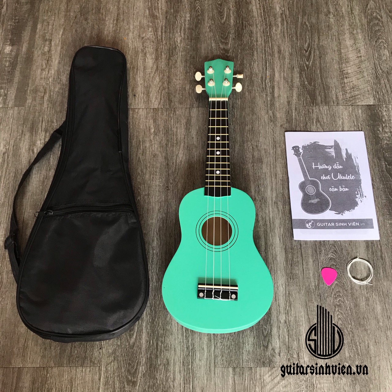 Đàn ukulele soprano màu xanh ngọc có bao và phụ kiện - Đàn gỗ tạo âm vang - Đảm bảo hàng loại một