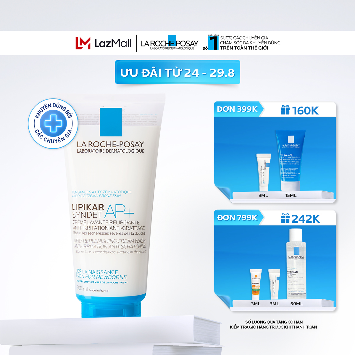 Sữa tắm và sữa rửa mặt cho da khô nhạy cảm bị kích ứng mẩn đỏ ngứa La Roche Posay Lipikar Syndet Cream-Gel 200ml