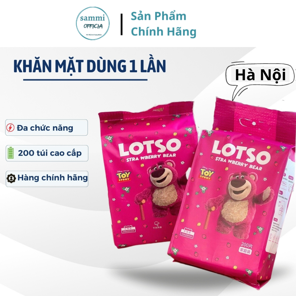 Khăn mặt dùng 1 lần, khăn lau dùng 1 lần gấu dâu lotso gói 200 cái chất liệu mềm mại phù hợp cho da nhạy cảm an toàn cho da