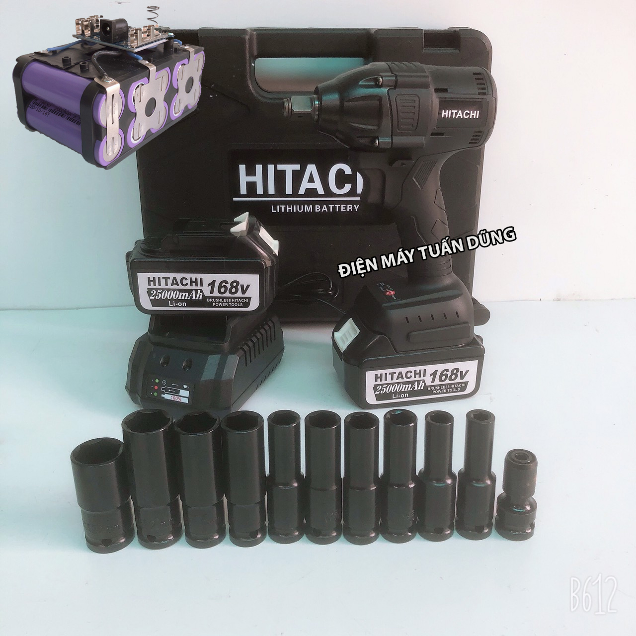 Máy vặn ốc bulong dùng pin Hitachi 168V Động cơ không chổi than KÈM 2 PIN 10 Cell và 9 KHẨU DÀI và 01 Đầu chuyển vít