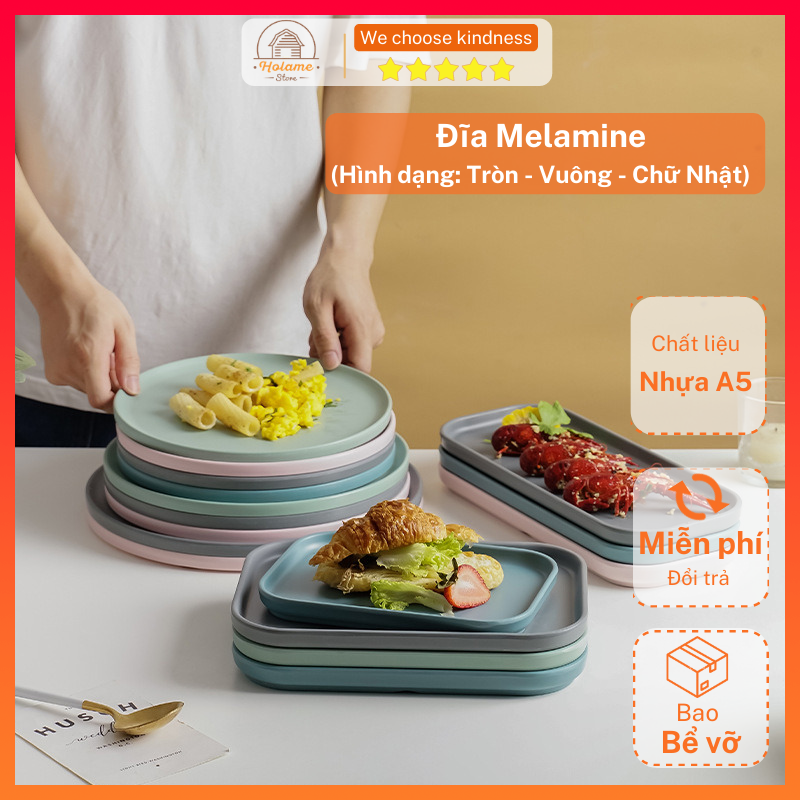 Đĩa tròn vuông chữ nhật melamine đựng món chính salad
