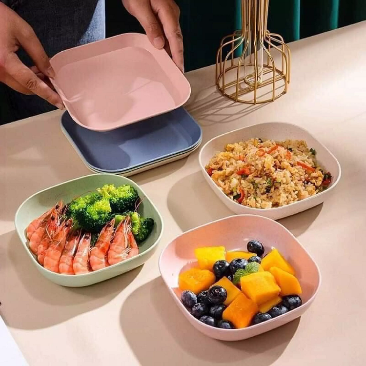 [Combo 8 - Loại 1] Set 8 Đĩa Nhựa Lúa Mạch An Toàn, Đĩa Nhựa Tròn, Đĩa Nhựa Vuông Đẹp, Sâu Lòng,set 8 đĩa lúa mạch,đĩa