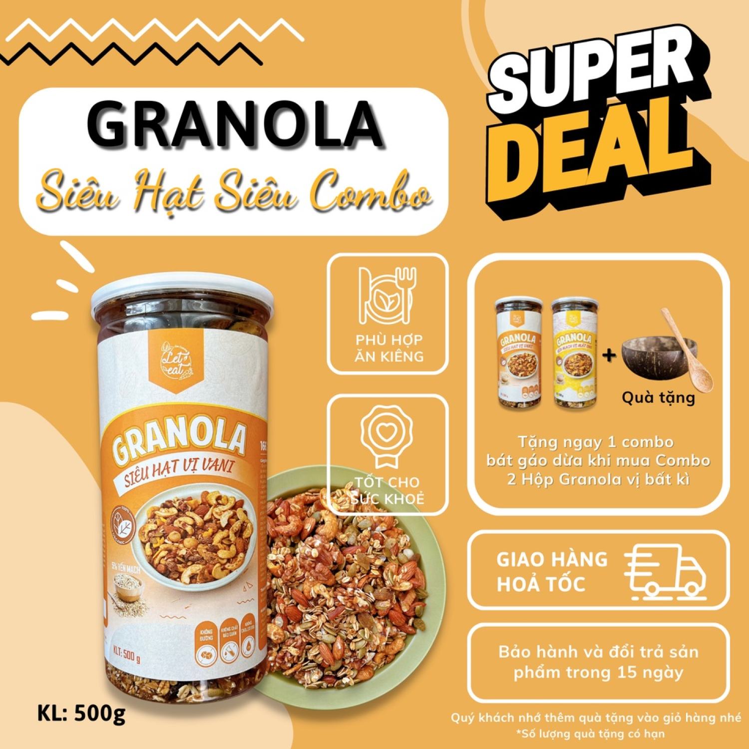 Granola siêu hạt 5% yến mạch mix 9 loại hạt, ngũ cốc giảm cân dinh dưỡng 500gr