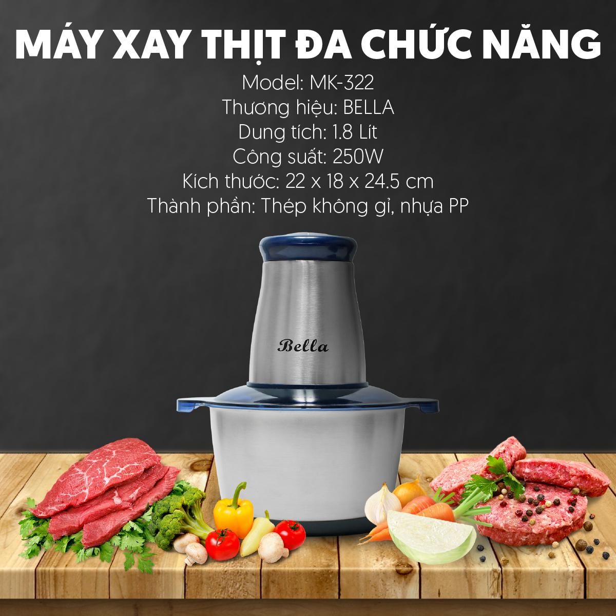 Bộ máy xay cầm tay bella cối inox