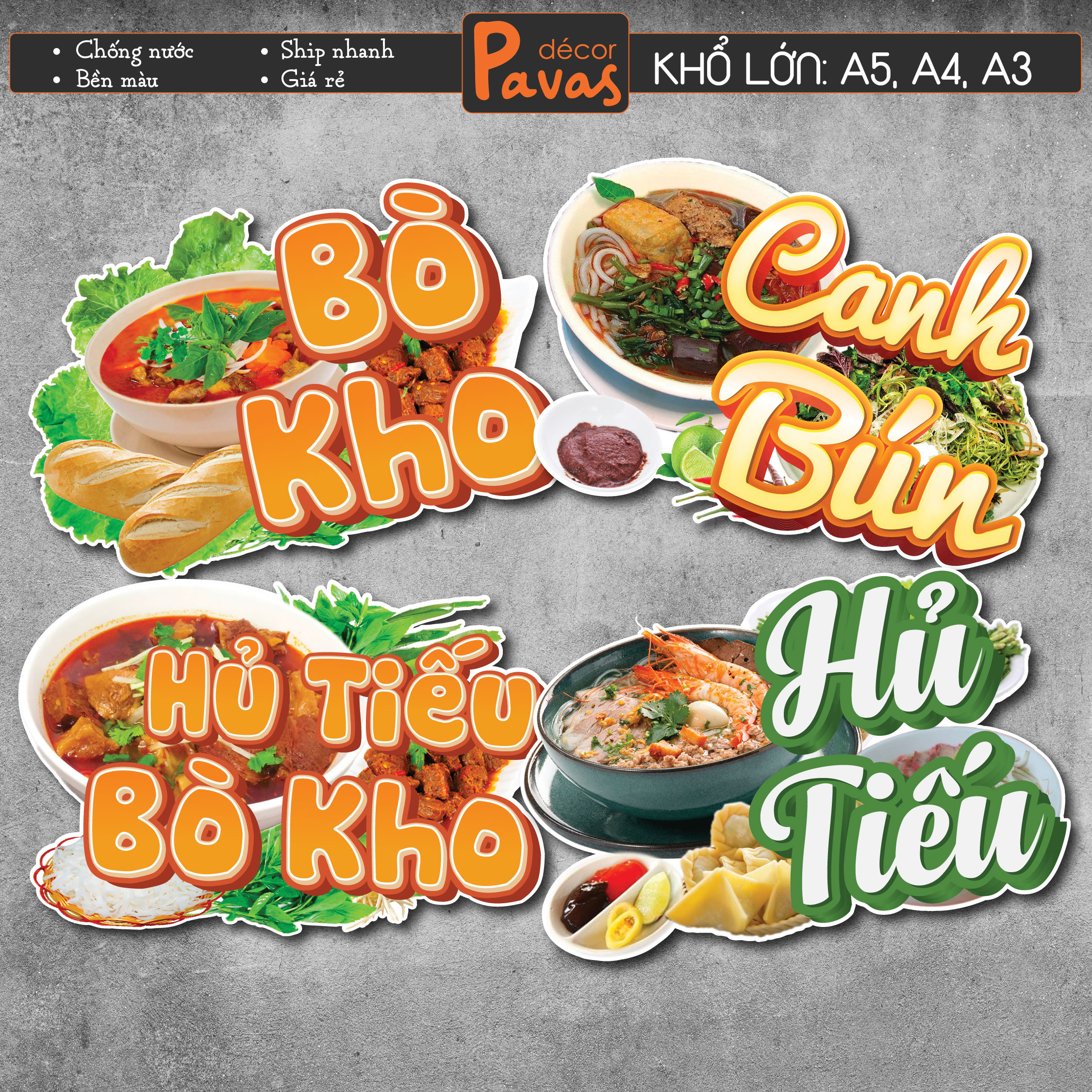 Decal Bò Kho, Canh Bún, Hủ Tiếu chống nước trang trí dán quán trà sữa, cà phê, quán ăn, dán tường, tủ.