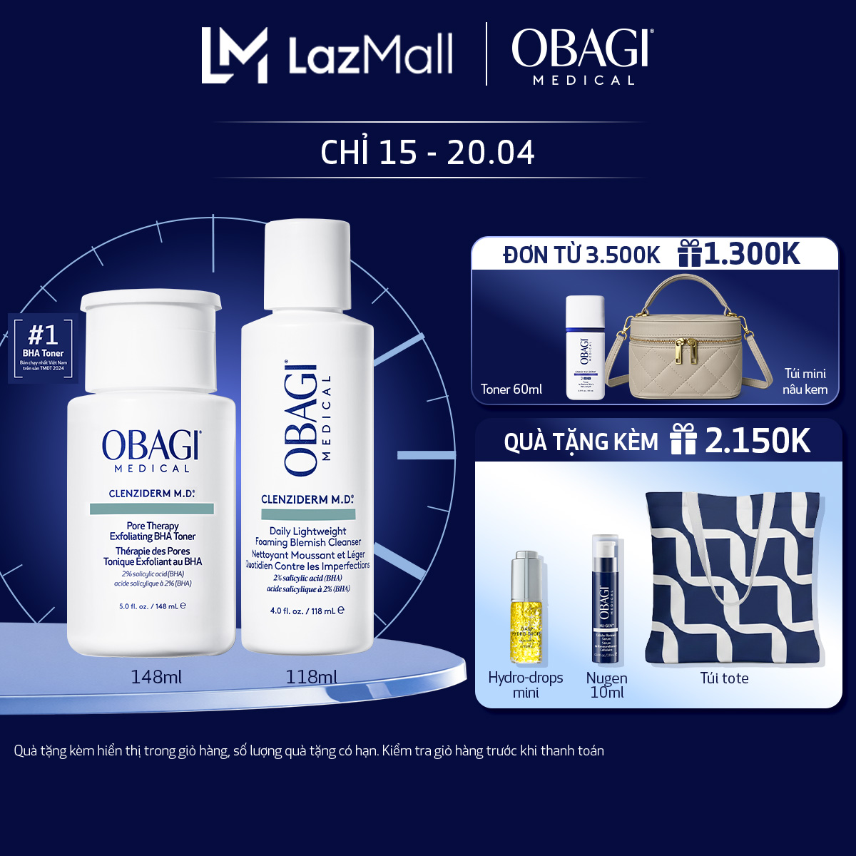 [Phiên bản mới] Bộ đôi dưỡng da Toner BHA làm sạch mụn và tẩy tế bào chết và Sữa rửa mặt Obagi Medical Clenziderm M.D (148ml  118ml)