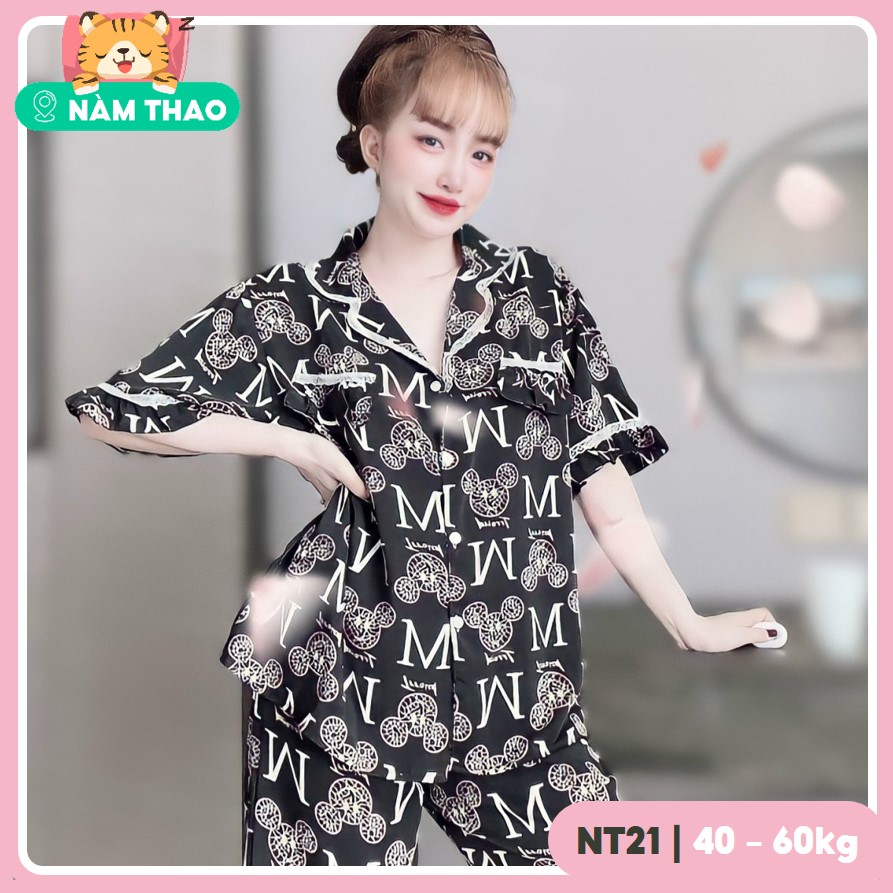 Bộ mặc nhà pyjama Nàm Thao, chất lụa mango - mẫu lửng bèo ren, big size 55kg - 75kg | NT21